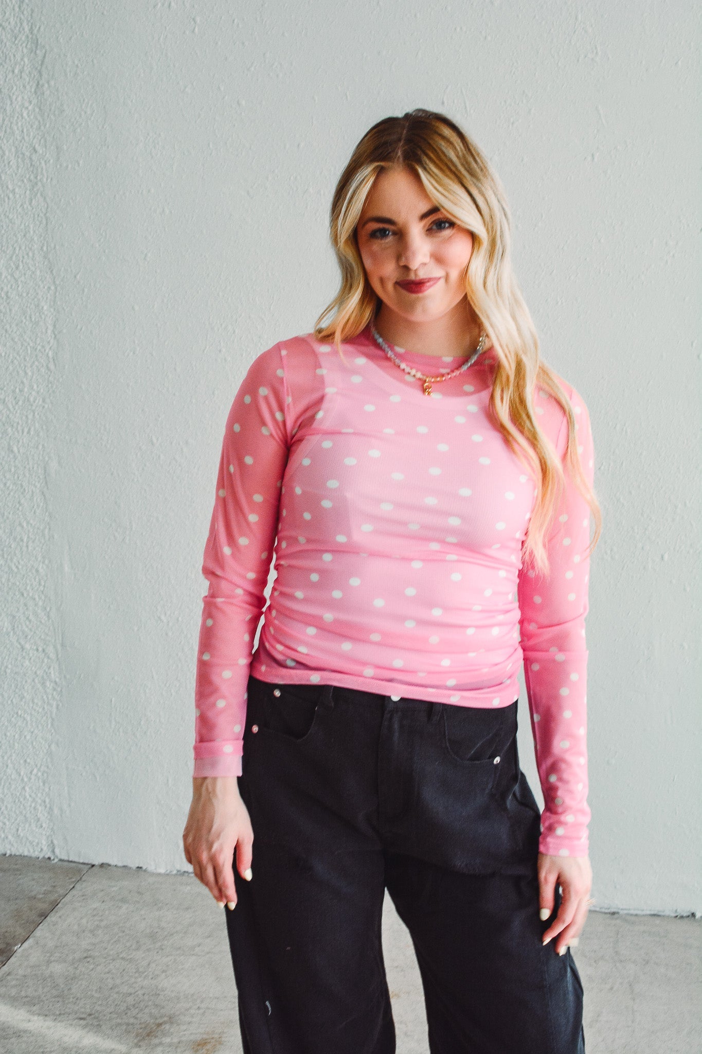 Pink Dotted Mesh Top