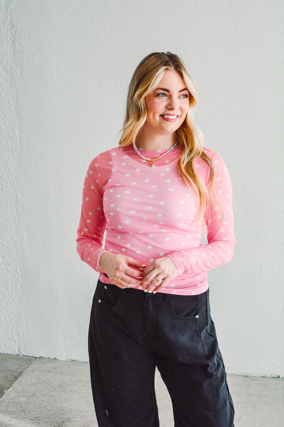 Pink Dotted Mesh Top
