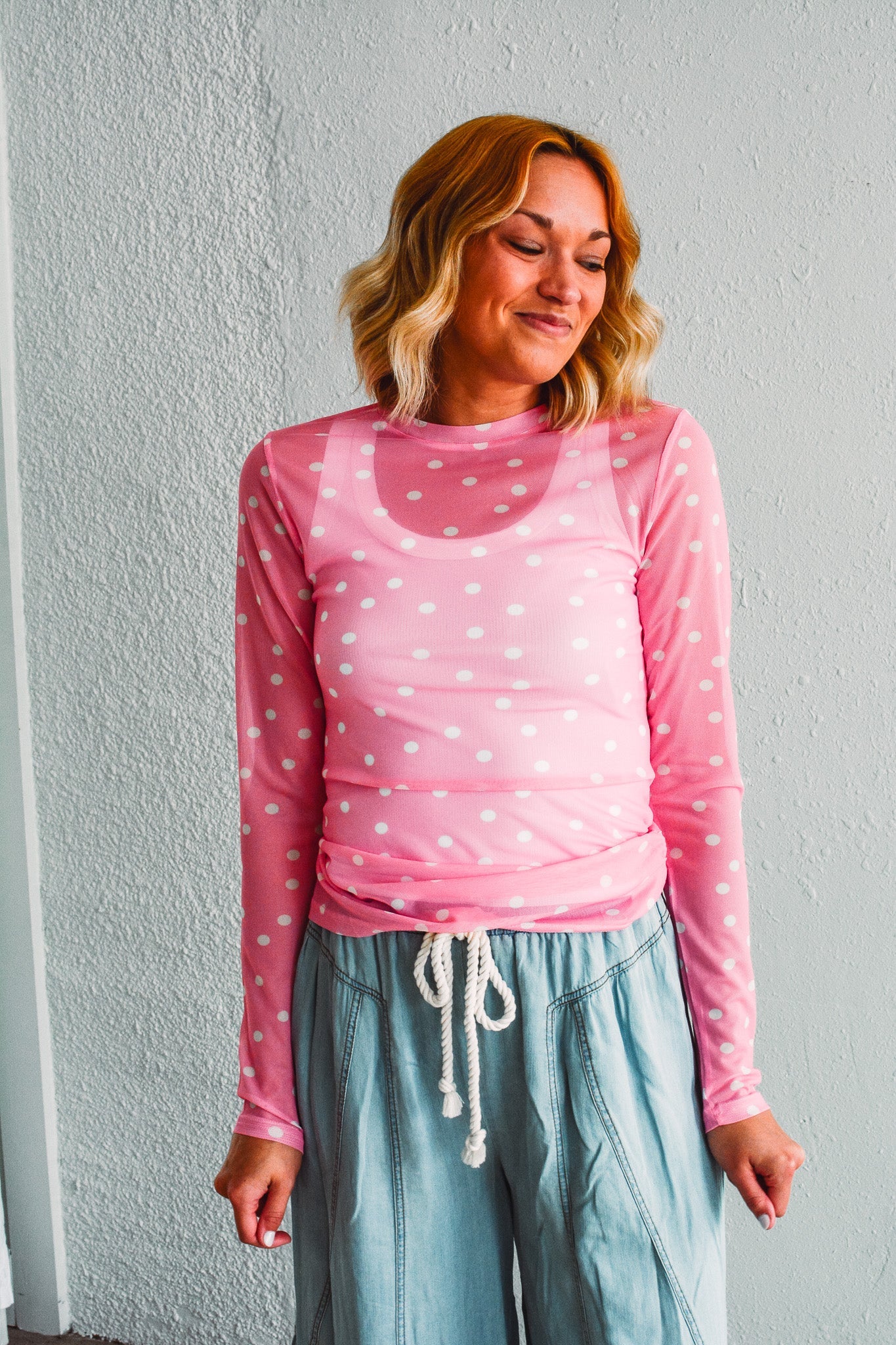 Pink Dotted Mesh Top