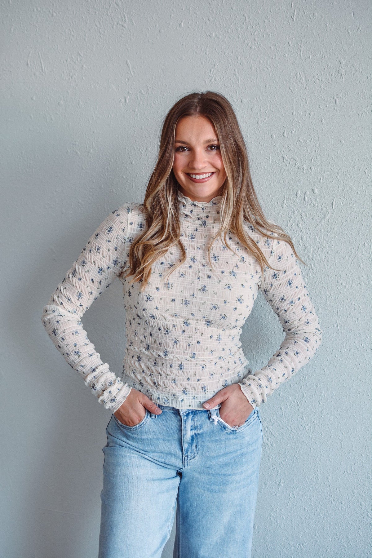 Ivory Floral Mock Neck Top