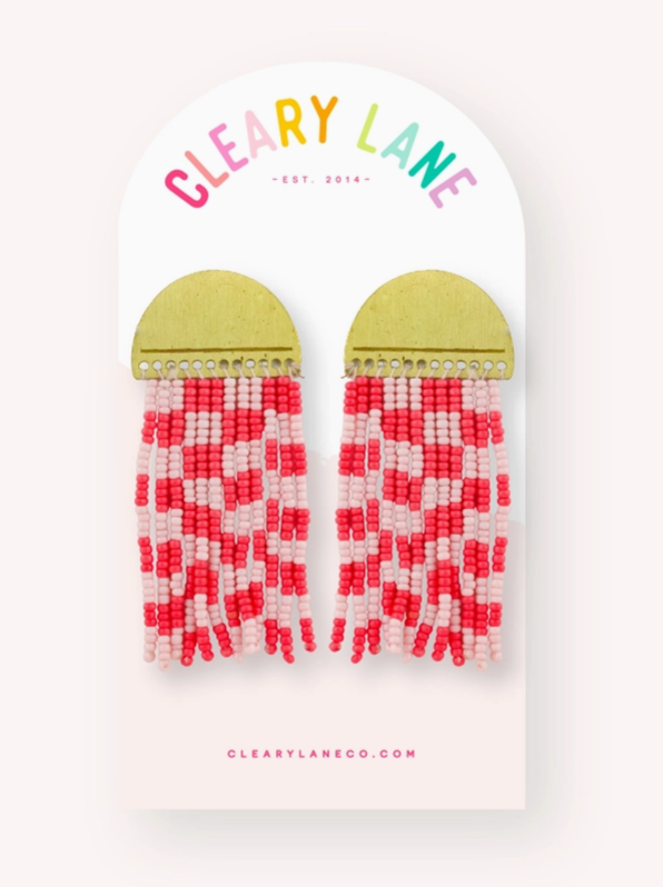 Pink Checker Beaded Earrings